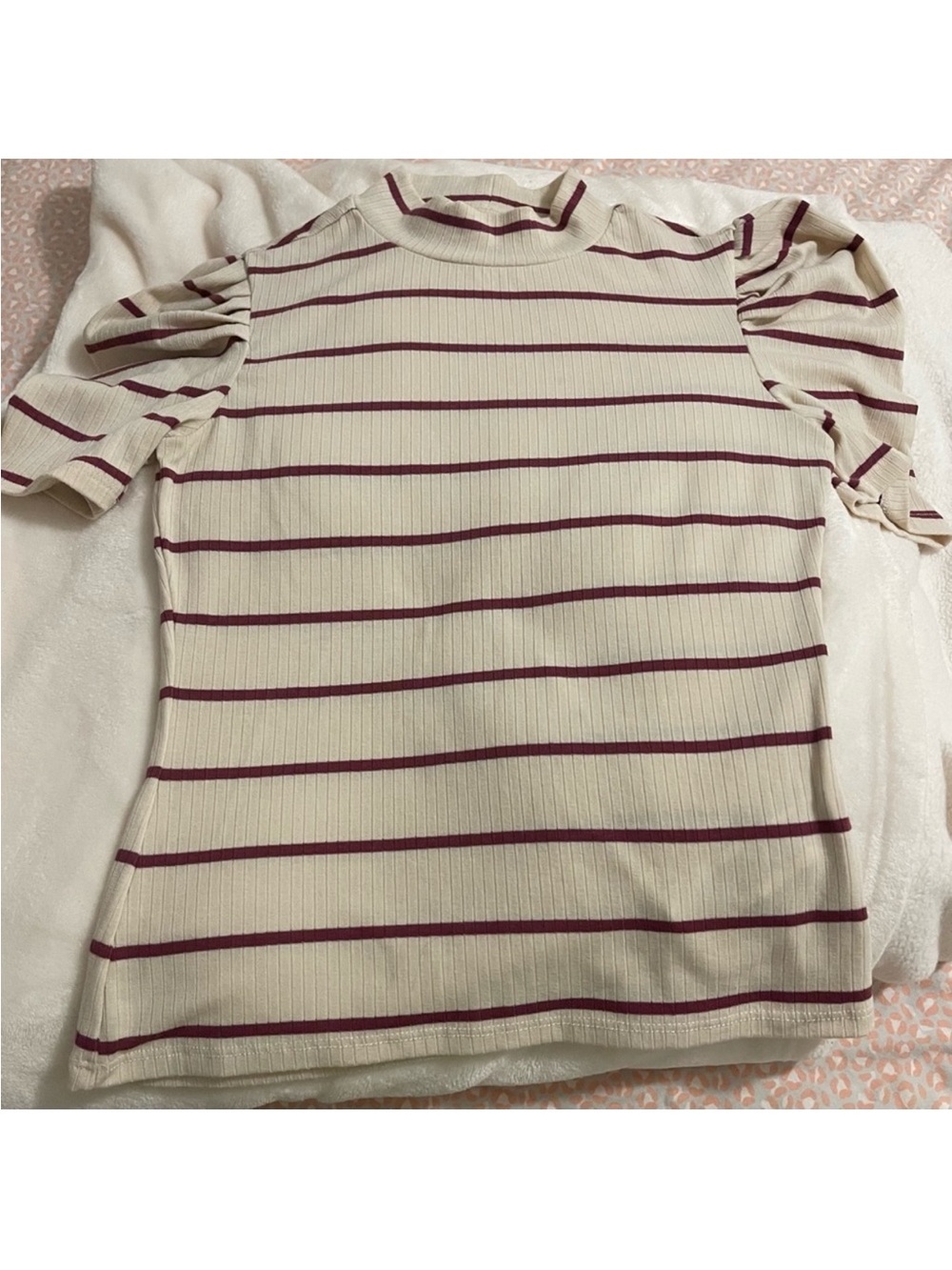 Forever 21 Cream and Purple Striped Short Sleeve Top